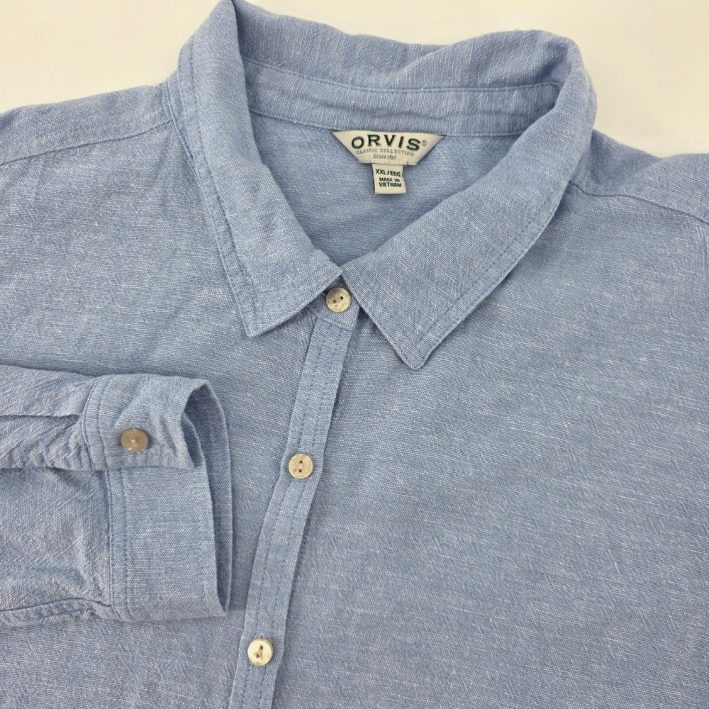 Orvis Classic‎ Blue Linen Blend Button Up Roll Tabs Long Sleeve Shirt Women XXL